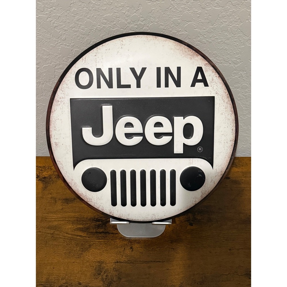 Jeep Only In A Jeep Metal Sign Wall Decor Round Embossed Grille Logo Black White